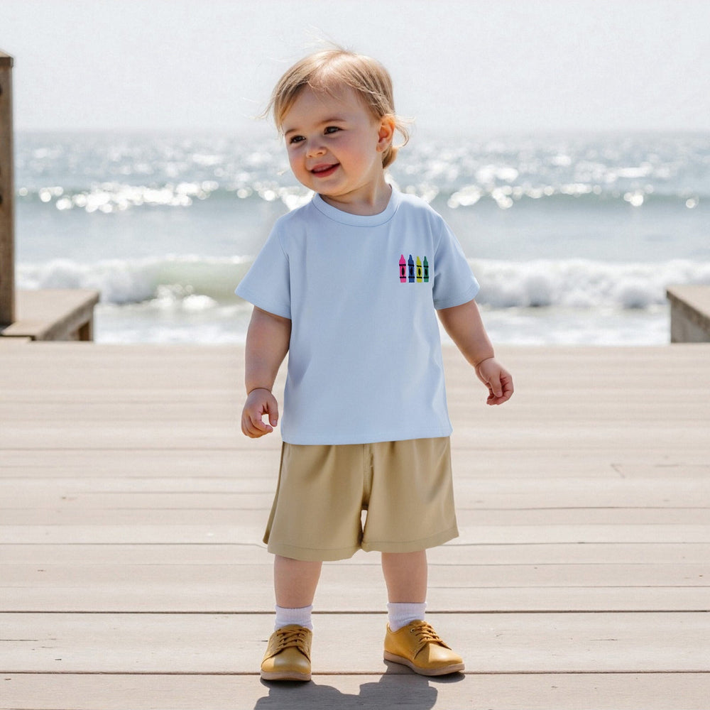 CrayonCool Letni Komplet dla Chłopców | T-shirt z Nadrukiem Kredek i Krótkie Spodenki | Bawełna i Poliester | 18M–6L | Granatowy lub Jasnoniebieski
