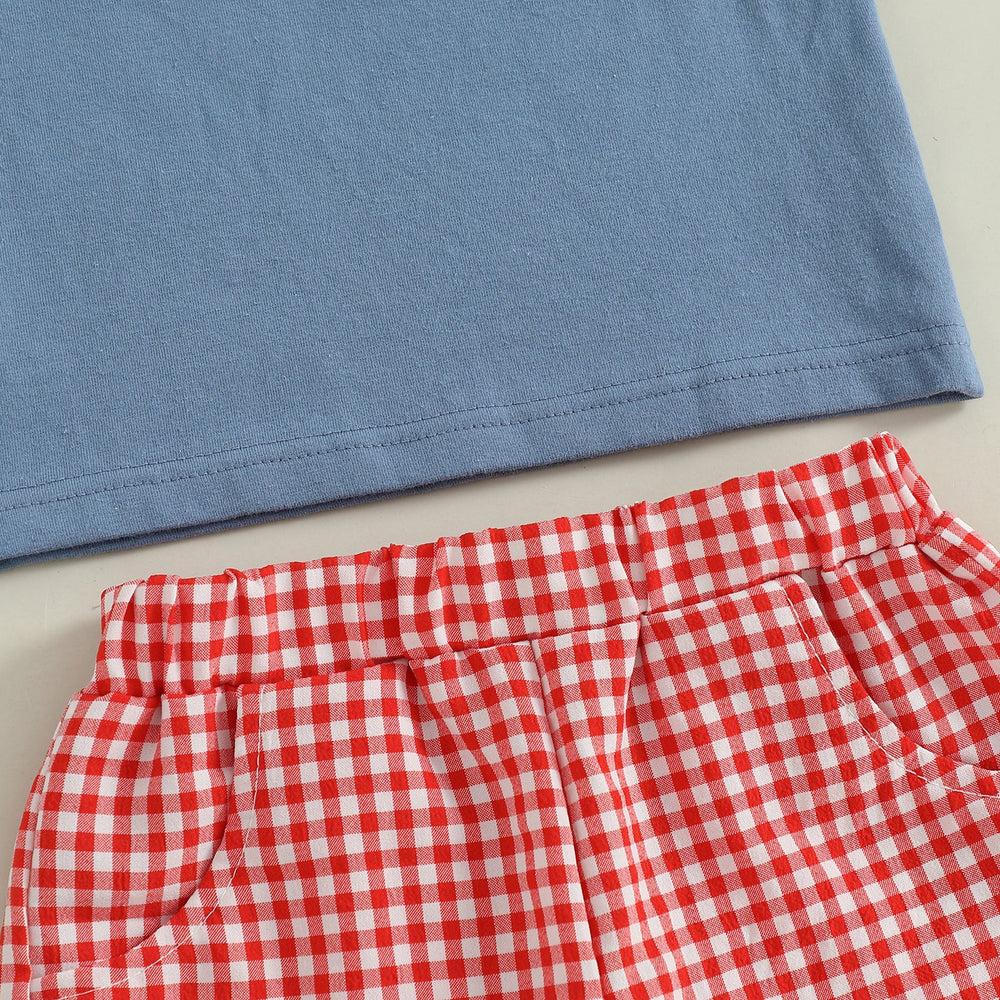 Letni Komplet Checkered Truck dla Chłopców | T-shirt z Samochodami i Kratką w Short | 6m–4L | Bawełna i Poliester | Niebieski i Czerwony