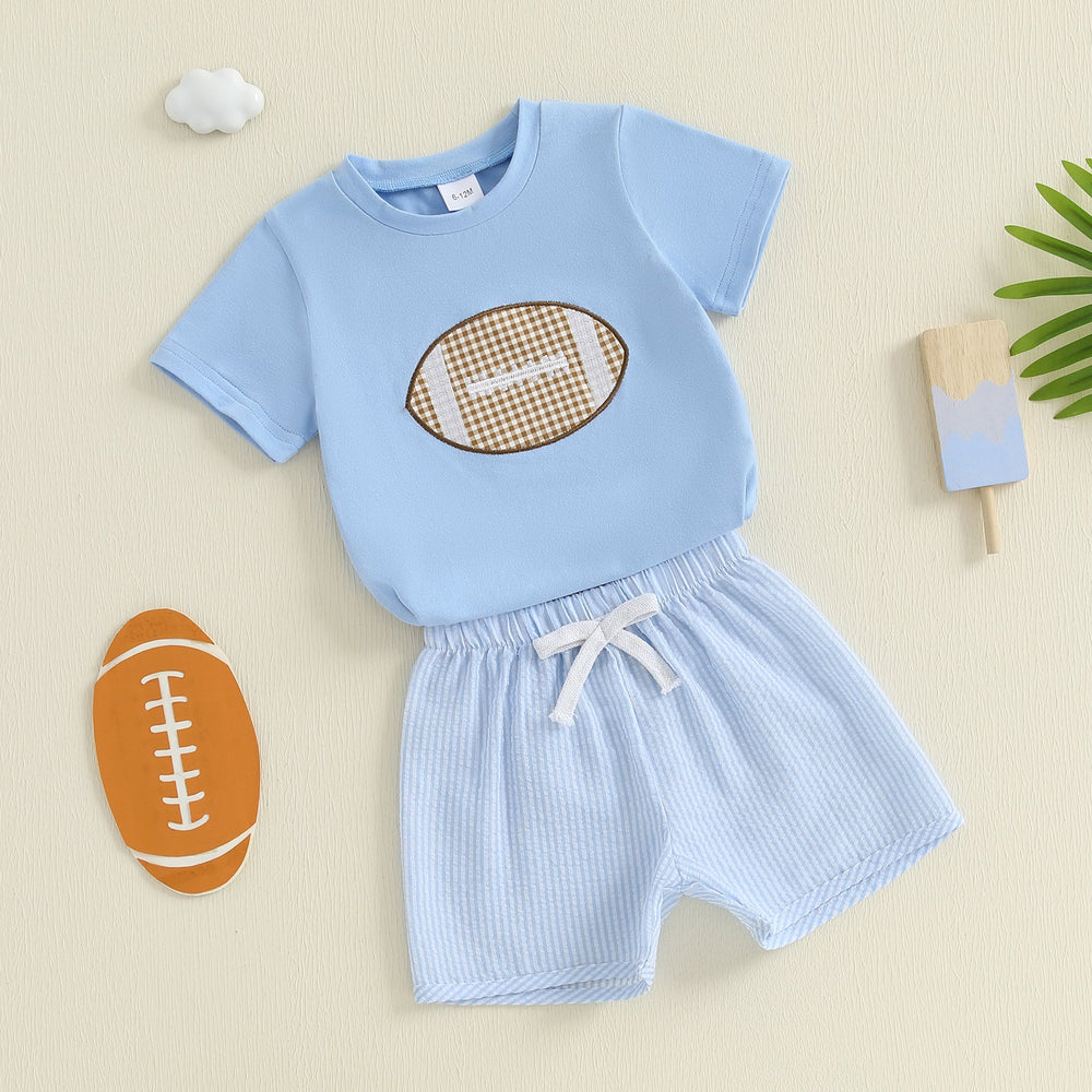 Zestaw Letni Touchdown dla Chłopców | T-shirt z Piłką Rugby i Jasnoniebieskie Spodenki | Bawełna i Poliester | 6m–4L | Sportowy Strój dla Niemowląt
