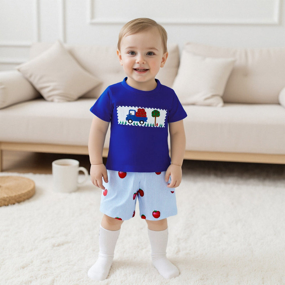 AppleTruck Letni Zestaw dla Chłopców | T-shirt z Ciężarówką Jabłek i Spodenki w Paski | Bawełna i Poliester | 6M–4L | Niebieski i Czerwony