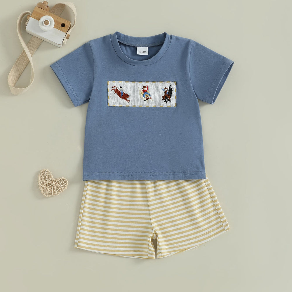 JungleJump Letni Zestaw dla Chłopców | T-shirt z Małpkami & Szorty w Paski | Bawełna & Poliester | 6m–4L | Niebieski & Żółty