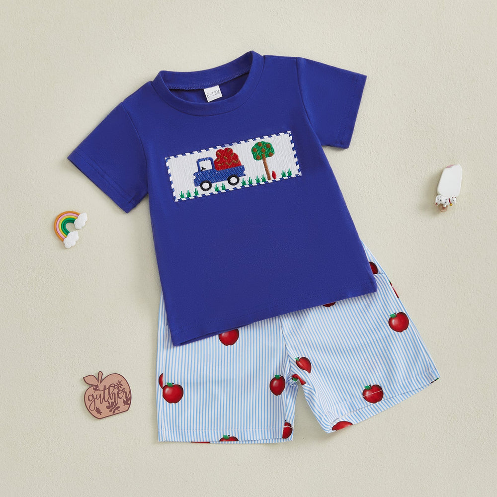 AppleTruck Letni Zestaw dla Chłopców | T-shirt z Ciężarówką Jabłek i Spodenki w Paski | Bawełna i Poliester | 6M–4L | Niebieski i Czerwony