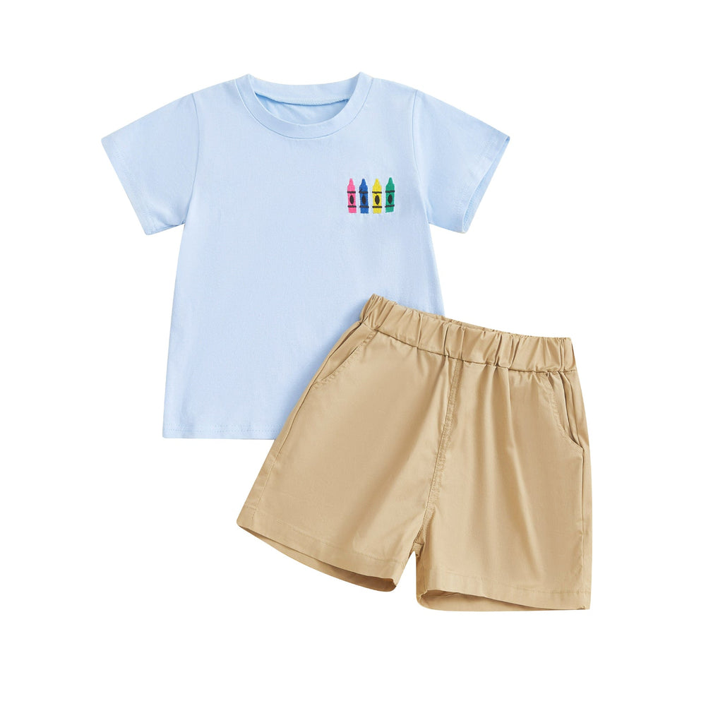 CrayonCool Letni Komplet dla Chłopców | T-shirt z Nadrukiem Kredek i Krótkie Spodenki | Bawełna i Poliester | 18M–6L | Granatowy lub Jasnoniebieski