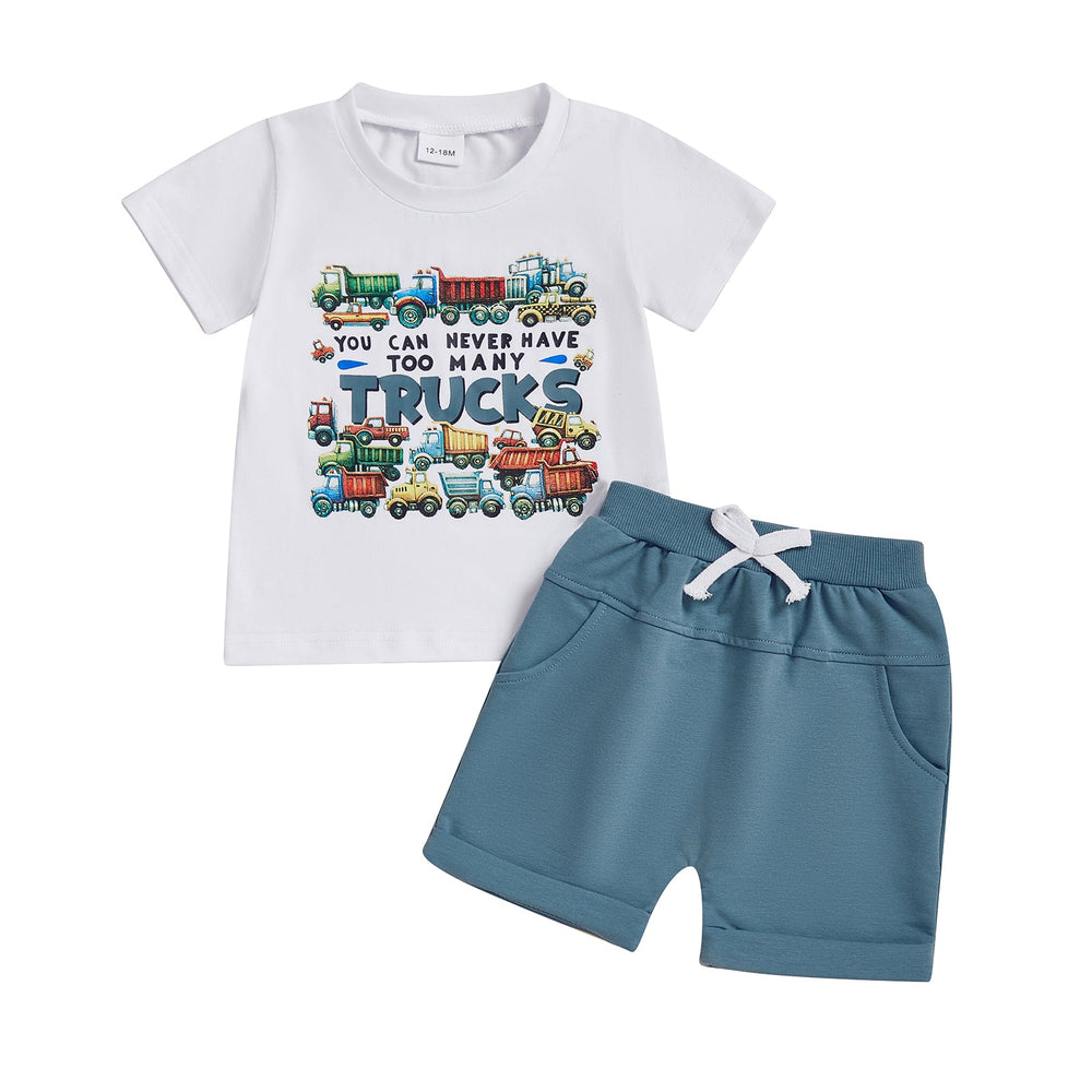 Letni Komplet TruckPower dla Chłopców | Koszulka z Koparkami i Spodenki | Bawełna i Spandex | 12M–5L | Odważny Strój z Pojazdami Budowlanymi