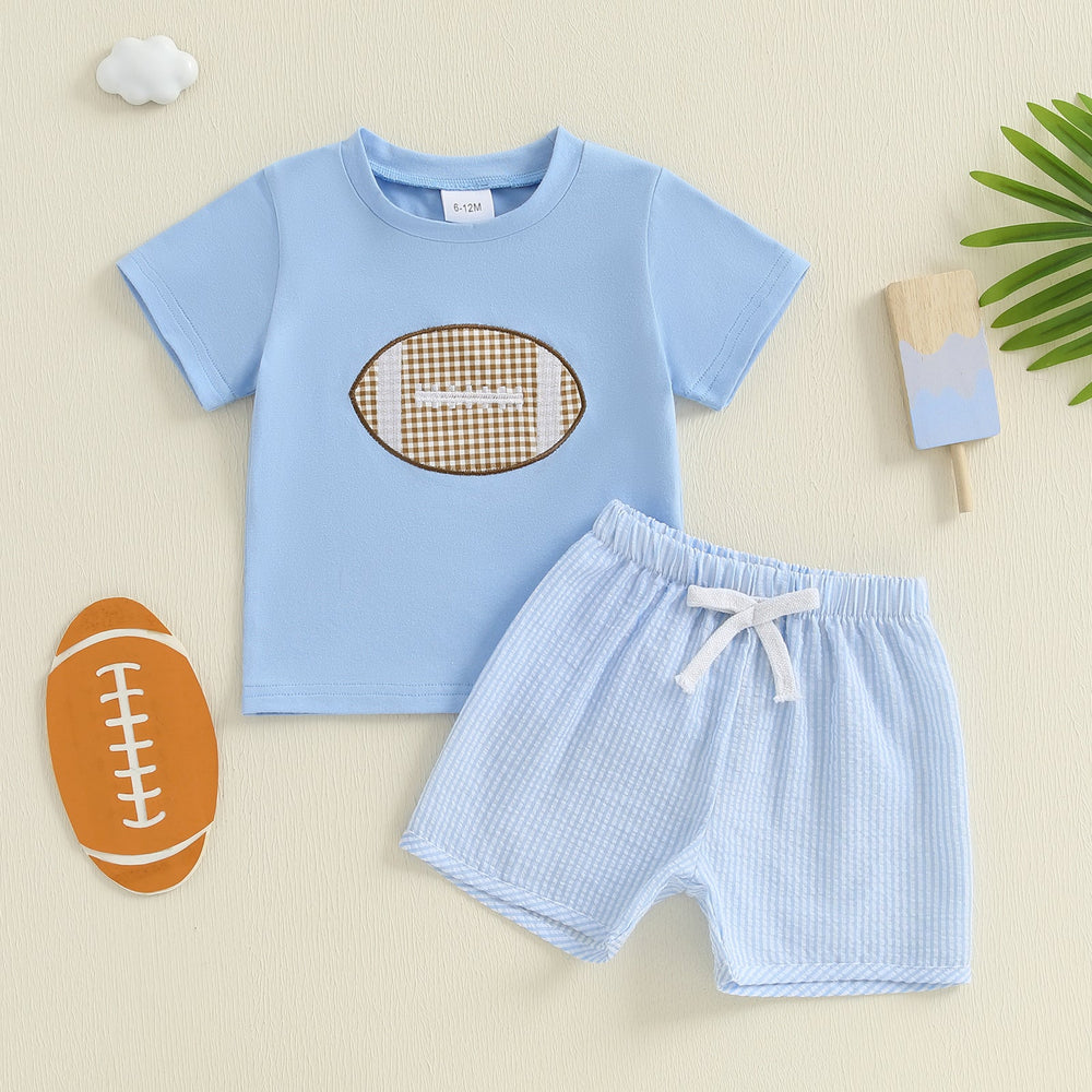 Zestaw Letni Touchdown dla Chłopców | T-shirt z Piłką Rugby i Jasnoniebieskie Spodenki | Bawełna i Poliester | 6m–4L | Sportowy Strój dla Niemowląt