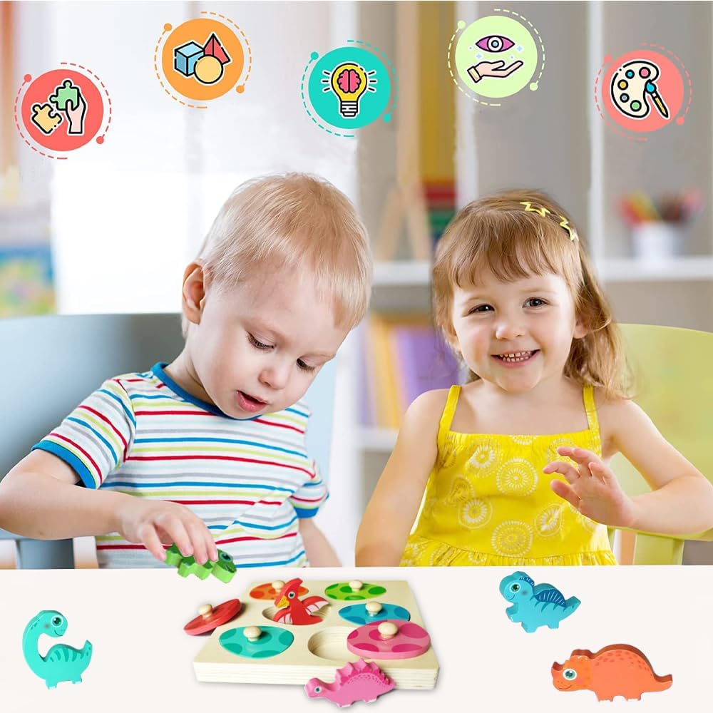 Drewniane Puzzle – Dino Discovery, Zabawka Edukacyjna dla Maluchów, Rozwój Motoryki Małej, Kolorowe i Trwałe, +2 Lata