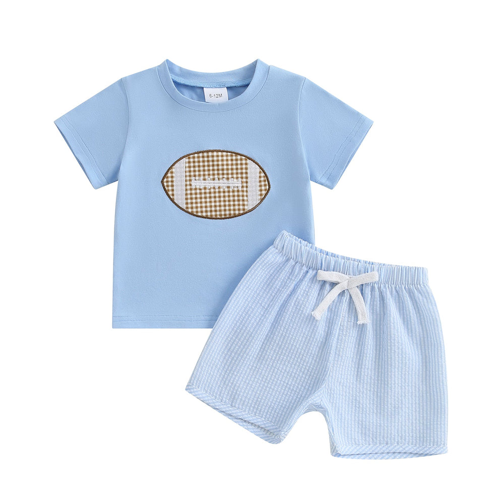 Zestaw Letni Touchdown dla Chłopców | T-shirt z Piłką Rugby i Jasnoniebieskie Spodenki | Bawełna i Poliester | 6m–4L | Sportowy Strój dla Niemowląt
