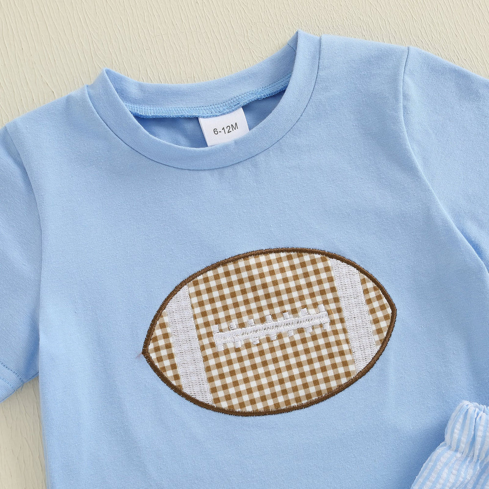 Zestaw Letni Touchdown dla Chłopców | T-shirt z Piłką Rugby i Jasnoniebieskie Spodenki | Bawełna i Poliester | 6m–4L | Sportowy Strój dla Niemowląt