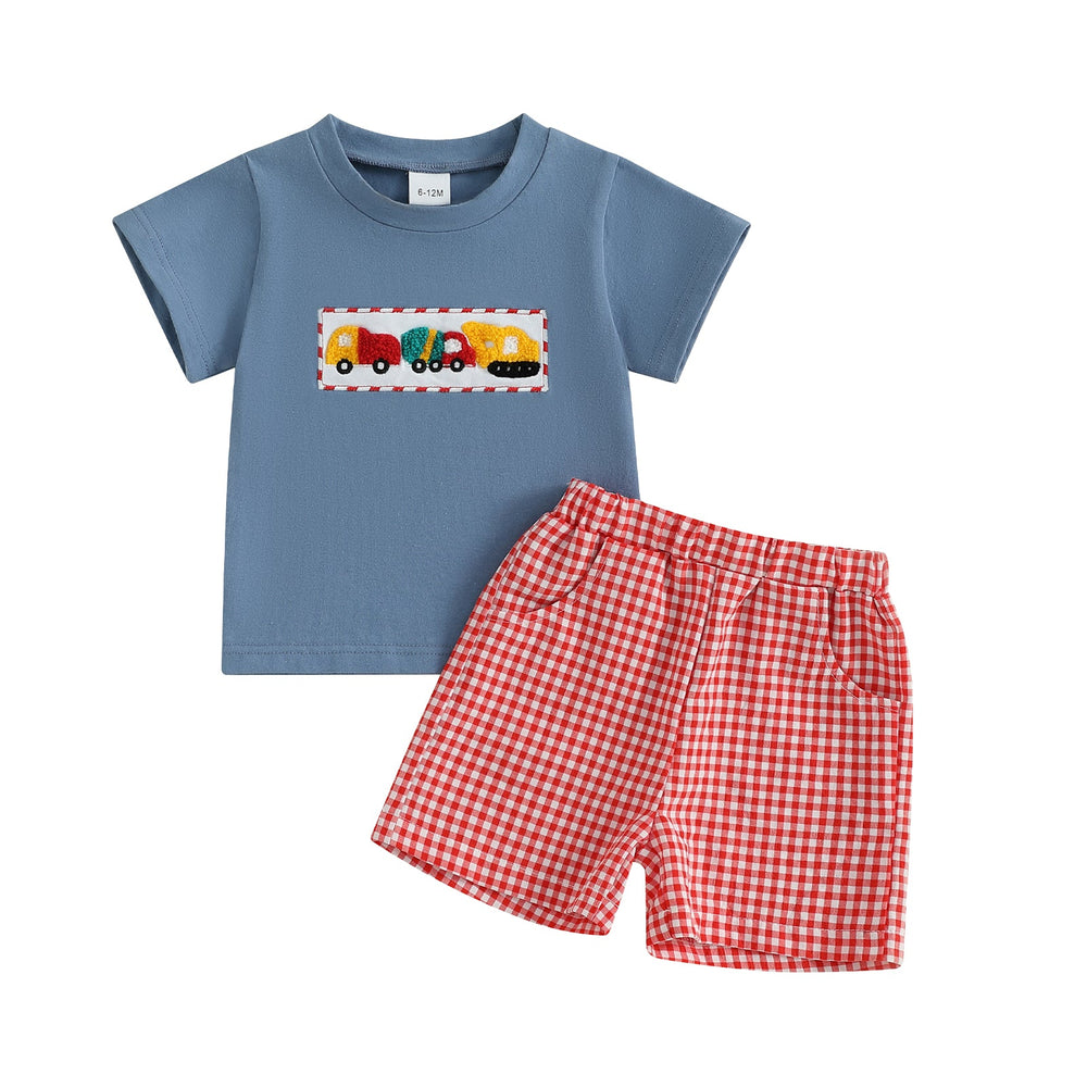 Letni Komplet Checkered Truck dla Chłopców | T-shirt z Samochodami i Kratką w Short | 6m–4L | Bawełna i Poliester | Niebieski i Czerwony