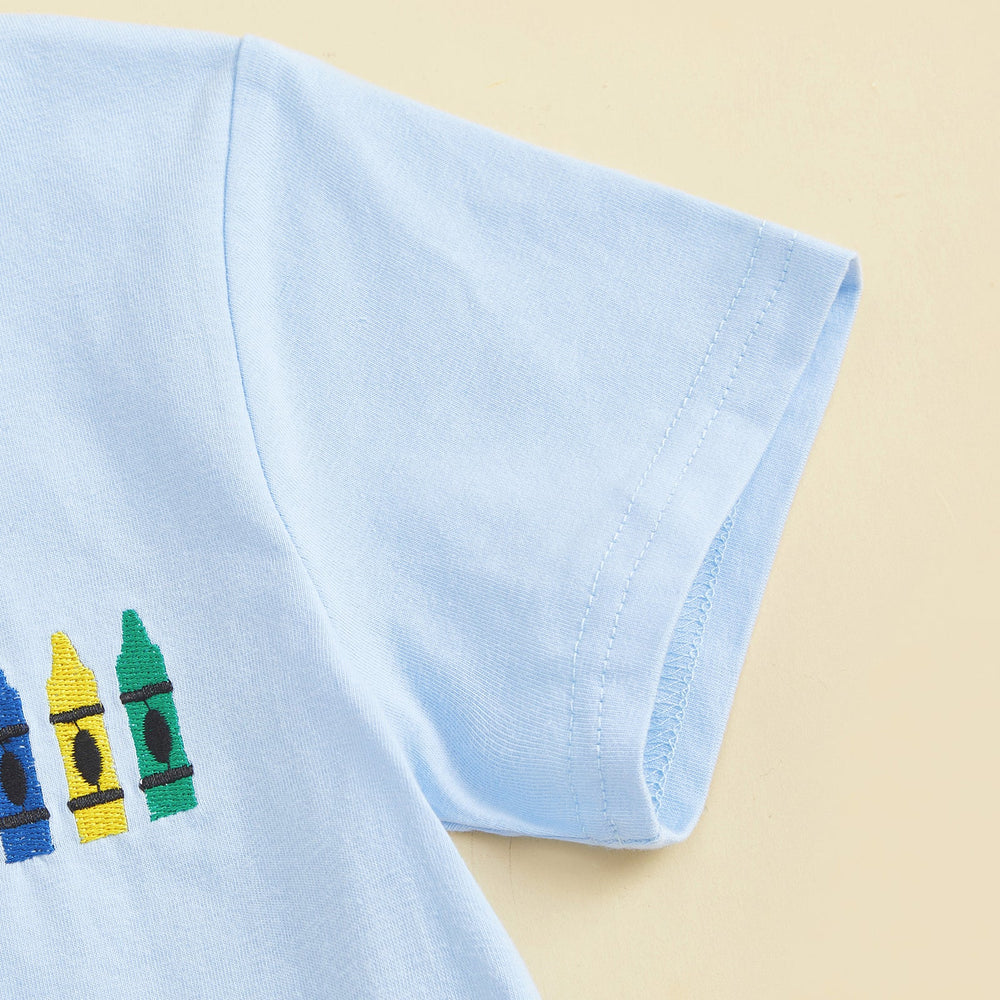 CrayonCool Letni Komplet dla Chłopców | T-shirt z Nadrukiem Kredek i Krótkie Spodenki | Bawełna i Poliester | 18M–6L | Granatowy lub Jasnoniebieski