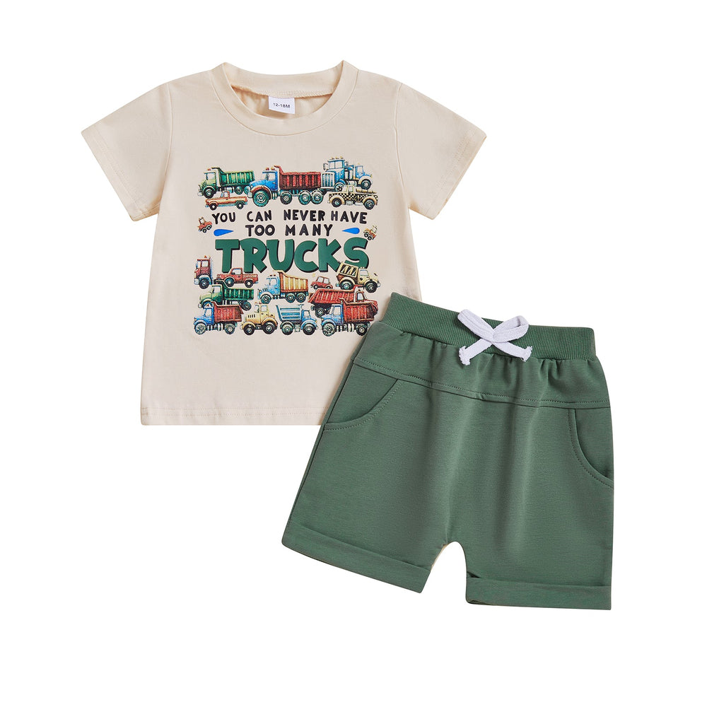 Letni Komplet TruckPower dla Chłopców | Koszulka z Koparkami i Spodenki | Bawełna i Spandex | 12M–5L | Odważny Strój z Pojazdami Budowlanymi