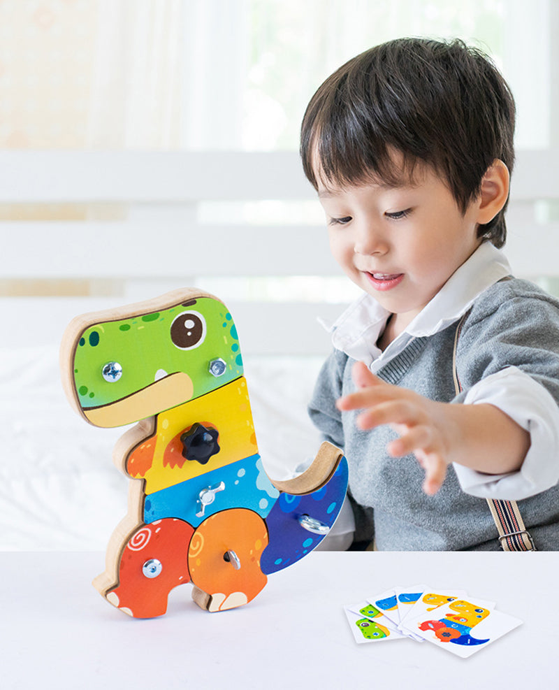 Drewniany zestaw konstrukcyjny dino dla dzieci | Zabawka edukacyjna 2+ lat