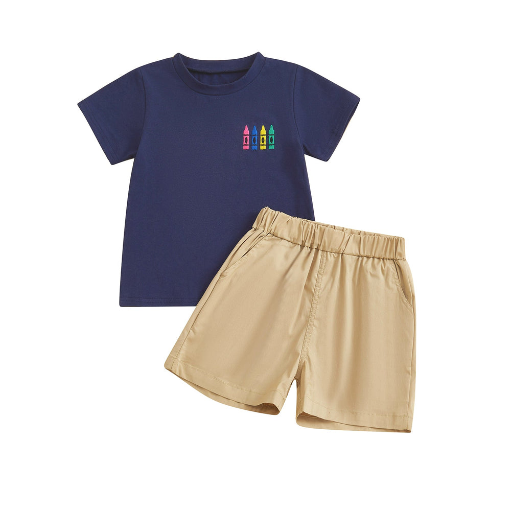 CrayonCool Letni Komplet dla Chłopców | T-shirt z Nadrukiem Kredek i Krótkie Spodenki | Bawełna i Poliester | 18M–6L | Granatowy lub Jasnoniebieski