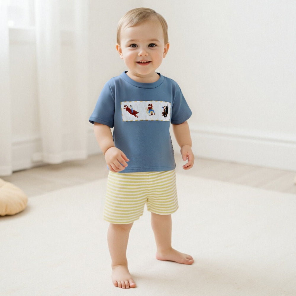 JungleJump Letni Zestaw dla Chłopców | T-shirt z Małpkami & Szorty w Paski | Bawełna & Poliester | 6m–4L | Niebieski & Żółty