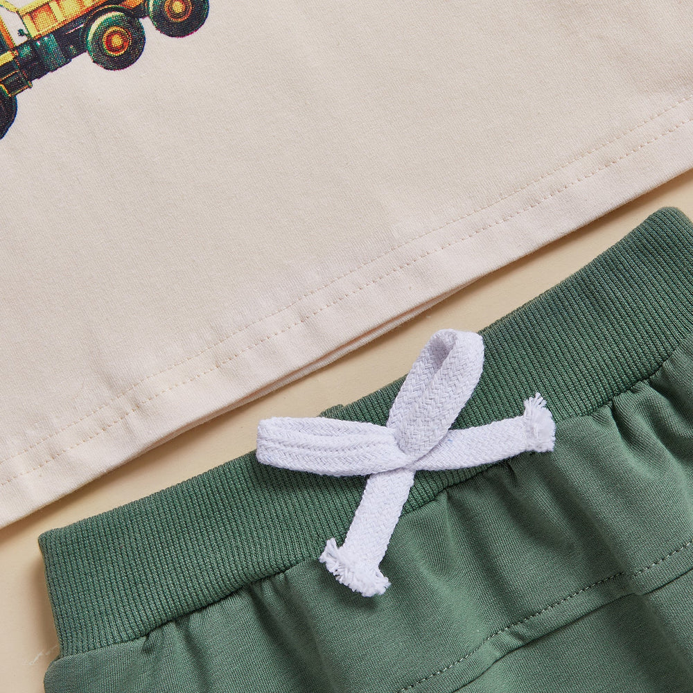 Letni Komplet TruckPower dla Chłopców | Koszulka z Koparkami i Spodenki | Bawełna i Spandex | 12M–5L | Odważny Strój z Pojazdami Budowlanymi