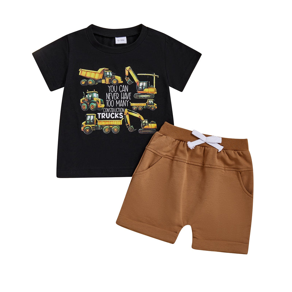 Letni Komplet TruckPower dla Chłopców | Koszulka z Koparkami i Spodenki | Bawełna i Spandex | 12M–5L | Odważny Strój z Pojazdami Budowlanymi