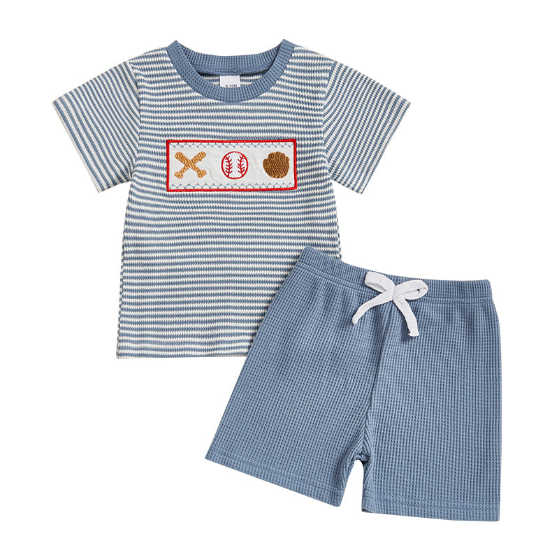 Letni Komplet Baseball Stripe dla Niemowląt i Małych Dzieci | Dzianinowa Koszulka i Spodenki | Bawełna Knit | 0–3 Lata | Sportowy Look dla Chłopców