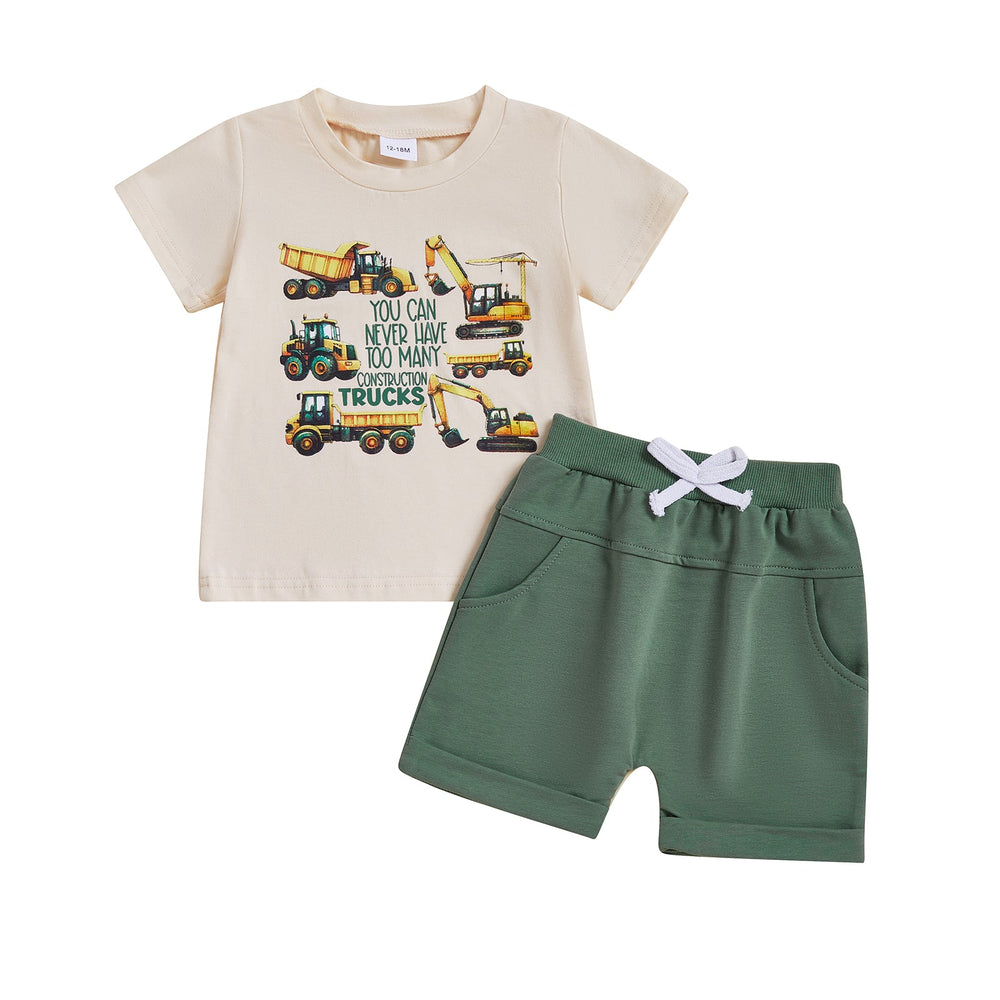 Letni Komplet TruckPower dla Chłopców | Koszulka z Koparkami i Spodenki | Bawełna i Spandex | 12M–5L | Odważny Strój z Pojazdami Budowlanymi