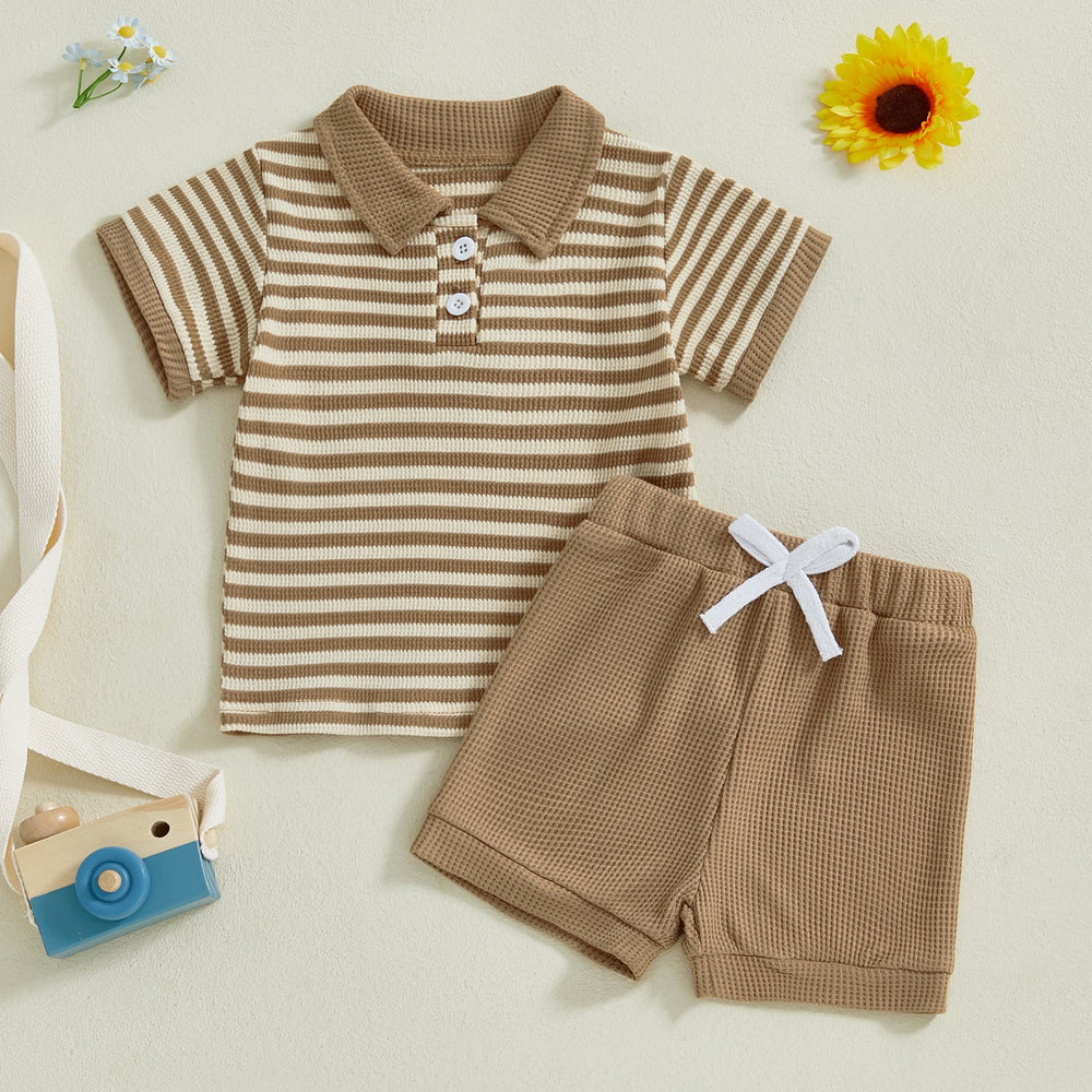 TeddyStripe Letni Komplet dla Niemowląt i Maluchów | Polo i Szorty | Oddychająca Bawełna | 6M-4L | Brązowy lub Niebieski w Paski