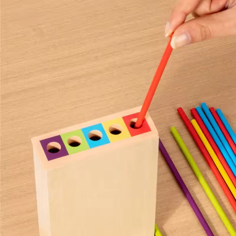 Montessori Drewniana Wieża z Patyczkami – Edukacyjna Gra Zręcznościowa dla Dzieci od 3 Lat