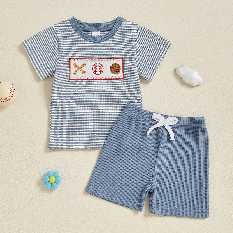 Letni Komplet Baseball Stripe dla Niemowląt i Małych Dzieci | Dzianinowa Koszulka i Spodenki | Bawełna Knit | 0–3 Lata | Sportowy Look dla Chłopców