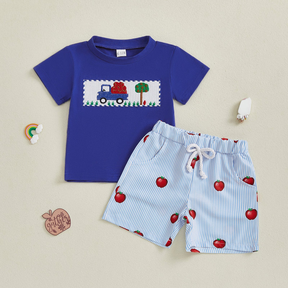 AppleTruck Letni Zestaw dla Chłopców | T-shirt z Ciężarówką Jabłek i Spodenki w Paski | Bawełna i Poliester | 6M–4L | Niebieski i Czerwony