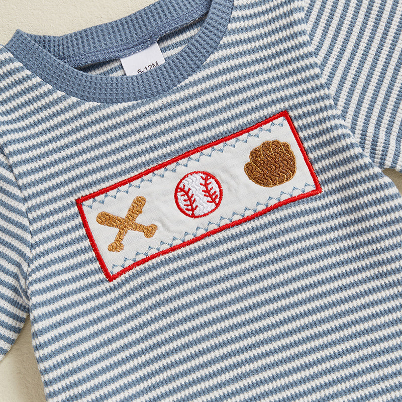 Letni Komplet Baseball Stripe dla Niemowląt i Małych Dzieci | Dzianinowa Koszulka i Spodenki | Bawełna Knit | 0–3 Lata | Sportowy Look dla Chłopców