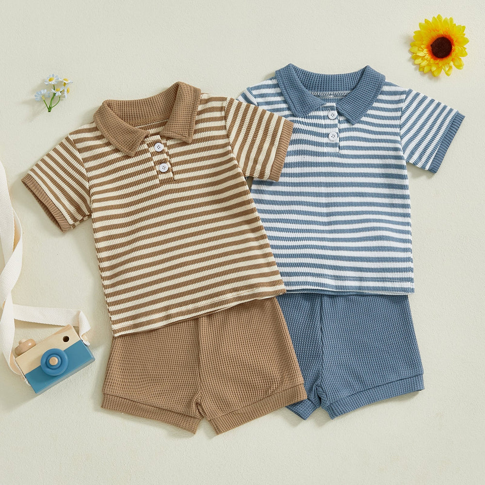 TeddyStripe Letni Komplet dla Niemowląt i Maluchów | Polo i Szorty | Oddychająca Bawełna | 6M-4L | Brązowy lub Niebieski w Paski