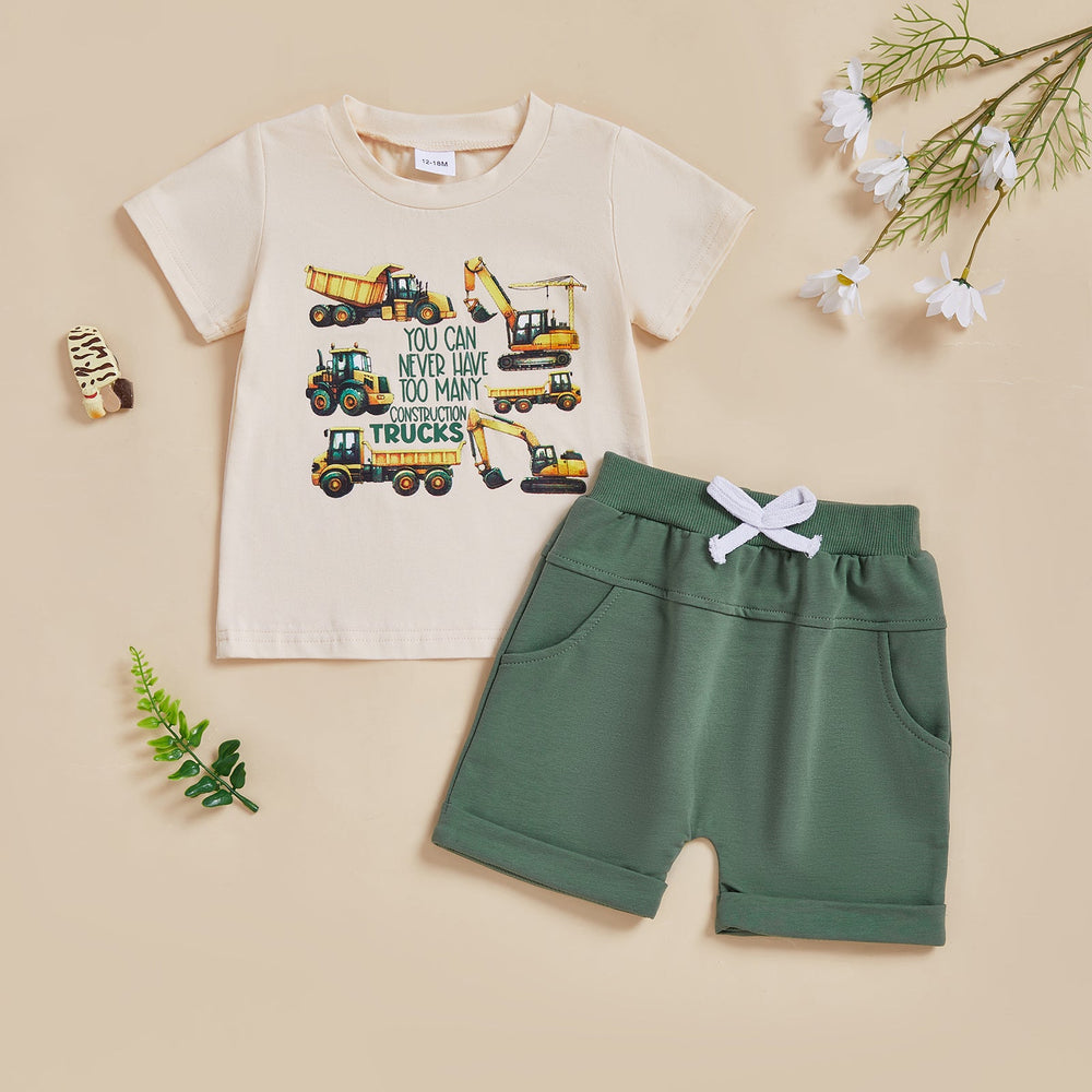 Letni Komplet TruckPower dla Chłopców | Koszulka z Koparkami i Spodenki | Bawełna i Spandex | 12M–5L | Odważny Strój z Pojazdami Budowlanymi