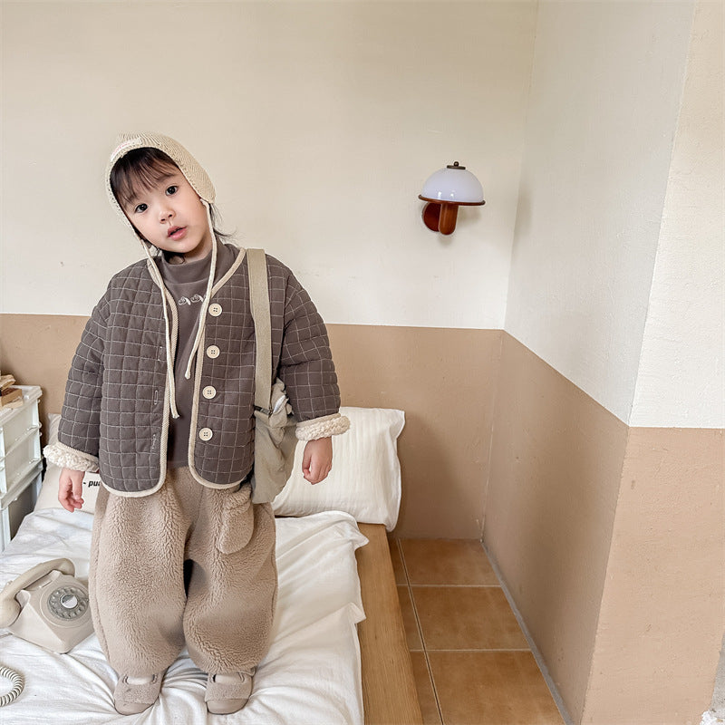 TeddySoft Pikowana Kurtka Dziecięca Unisex | Kurtka Zimowa 1–6 Lat | Ciepła Bawełniana Kurtka z Zapięciem na Guziki i Wzorem w Kratkę