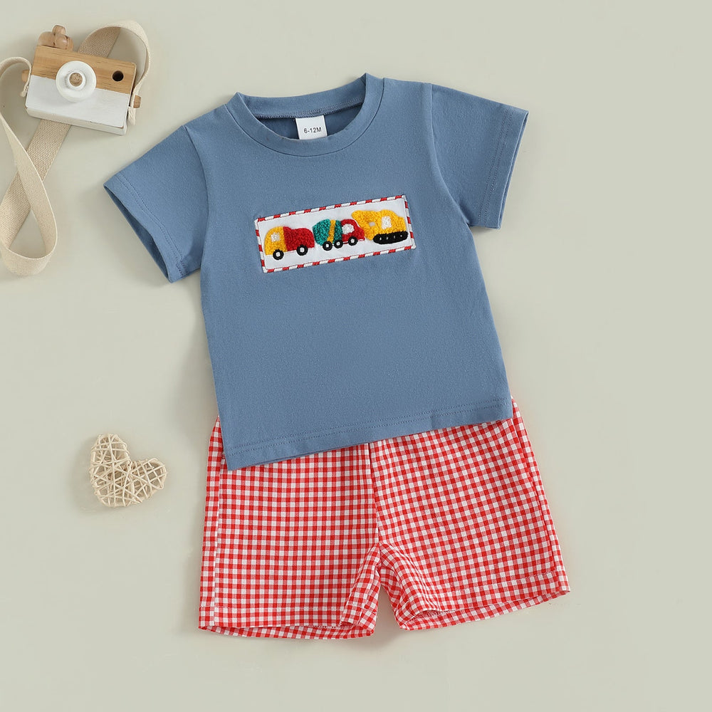 Letni Komplet Checkered Truck dla Chłopców | T-shirt z Samochodami i Kratką w Short | 6m–4L | Bawełna i Poliester | Niebieski i Czerwony