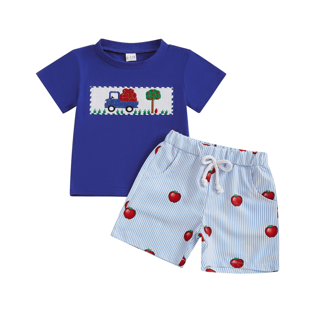 AppleTruck Letni Zestaw dla Chłopców | T-shirt z Ciężarówką Jabłek i Spodenki w Paski | Bawełna i Poliester | 6M–4L | Niebieski i Czerwony