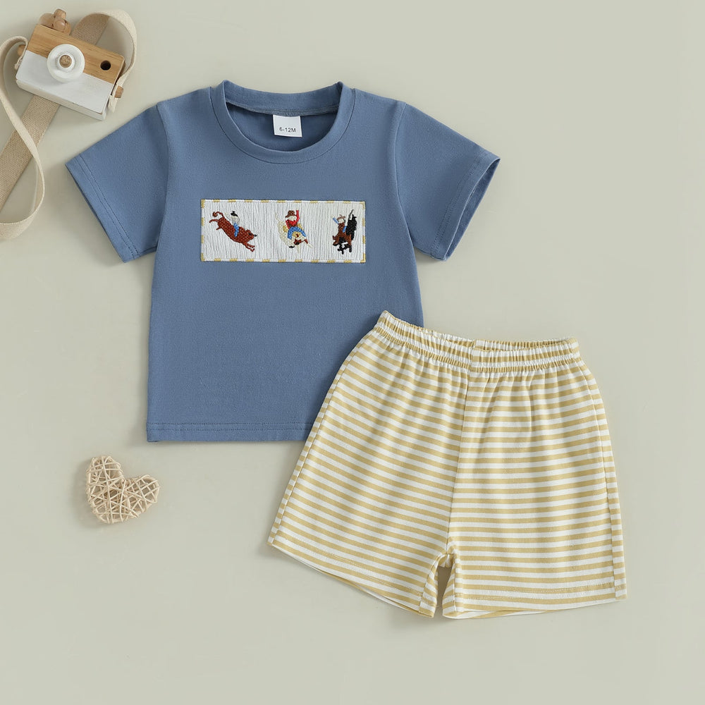 JungleJump Letni Zestaw dla Chłopców | T-shirt z Małpkami & Szorty w Paski | Bawełna & Poliester | 6m–4L | Niebieski & Żółty