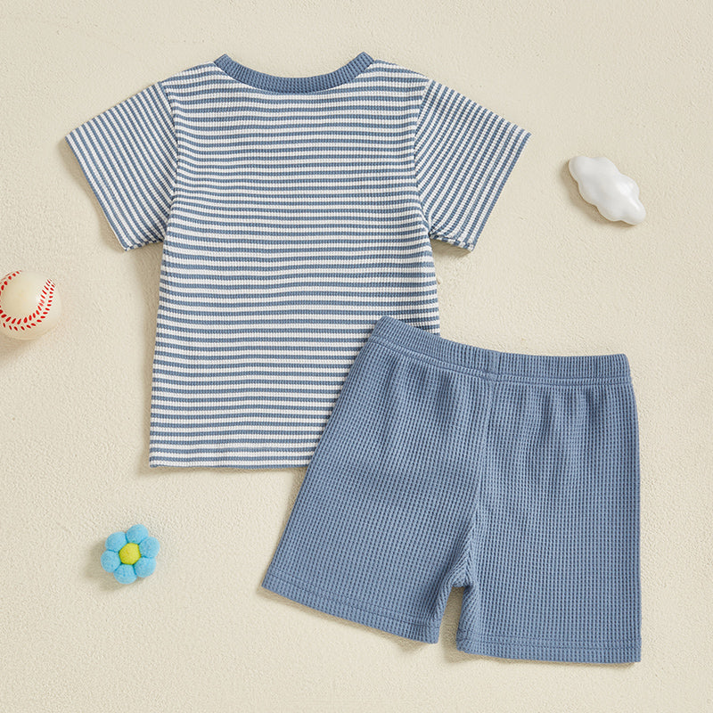 Letni Komplet Baseball Stripe dla Niemowląt i Małych Dzieci | Dzianinowa Koszulka i Spodenki | Bawełna Knit | 0–3 Lata | Sportowy Look dla Chłopców