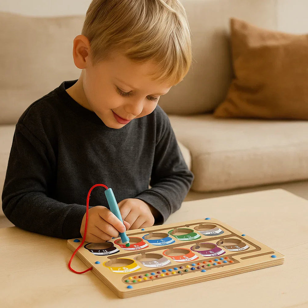 Montessori Magnetyczny Drewniany Labirynt Edukacyjny - Kolory i Liczby