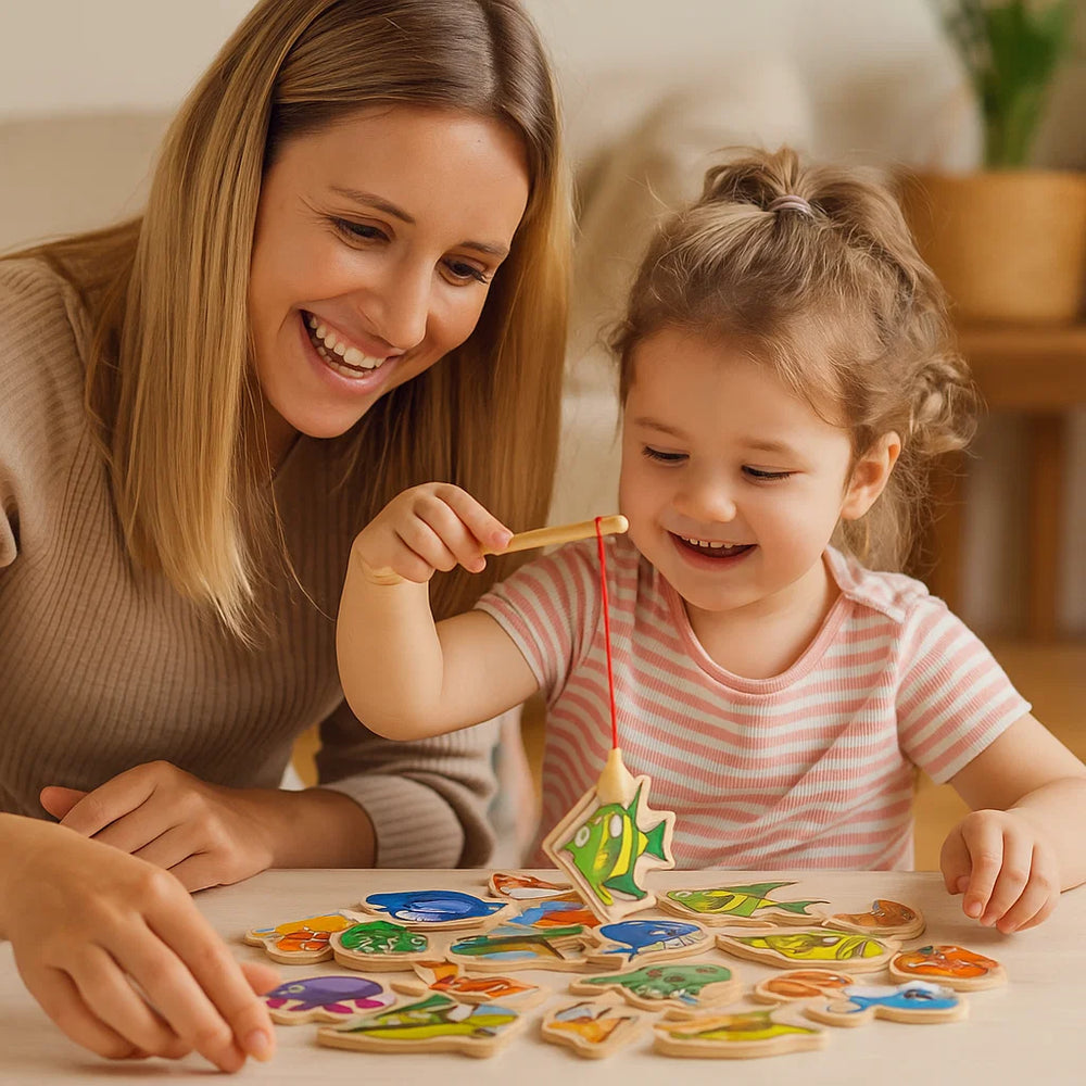 Montessori Gra w Łowienie Ryb dla Dzieci - Drewniana Edukacyjna Gra Wędkarska - Kolorowe Zwierzęta Morskie