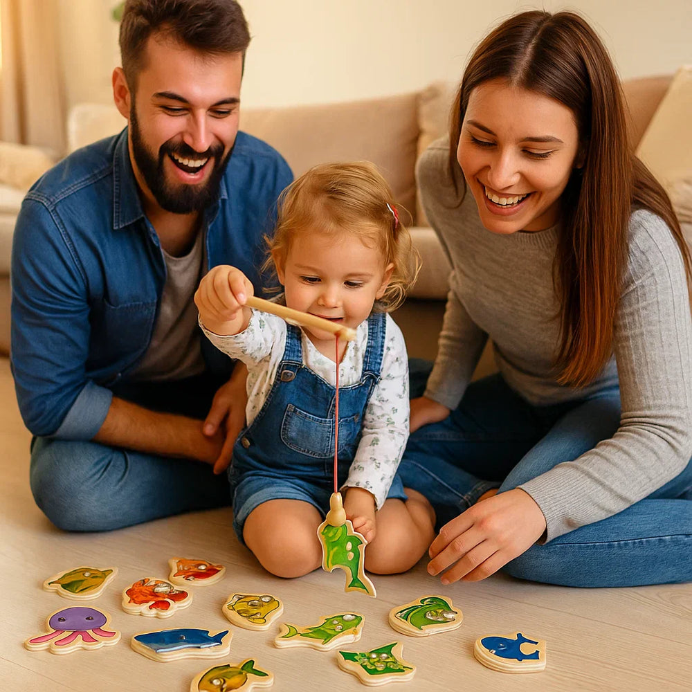 Montessori Gra w Łowienie Ryb dla Dzieci - Drewniana Edukacyjna Gra Wędkarska - Kolorowe Zwierzęta Morskie