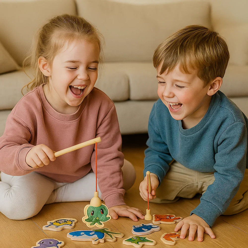 Montessori Gra w Łowienie Ryb dla Dzieci - Drewniana Edukacyjna Gra Wędkarska - Kolorowe Zwierzęta Morskie