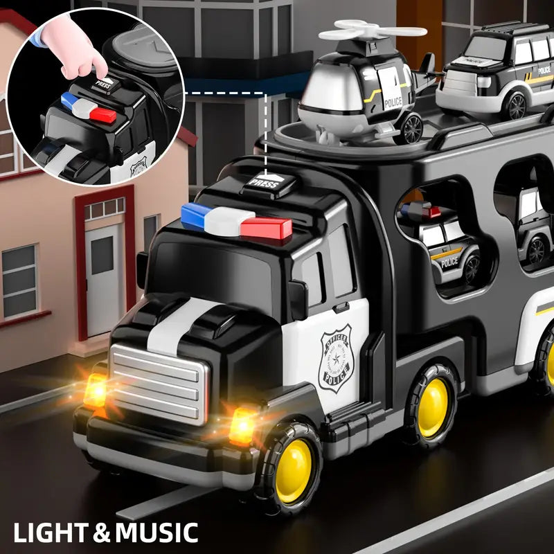 Ciężarówka Policyjna Zabawka – Truck Friction z Samochodami i Helikopterem (Dla Małych Dzieci)