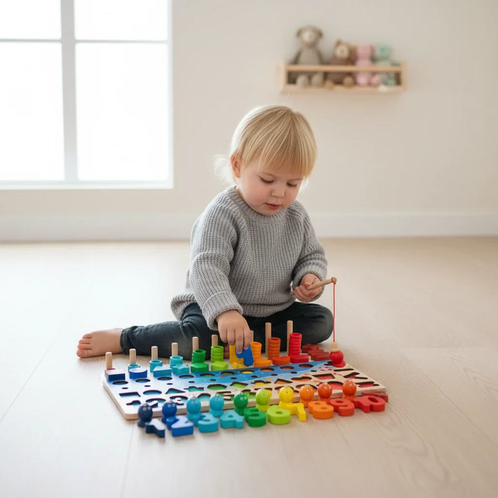 Montessori Drewniana Tablica Edukacyjna – Sensoryczna Zabawka Edukacyjna z Drewna Bukowego | Nauka Liczenia, Alfabetu i Łowienia Rybek dla Dzieci 2+