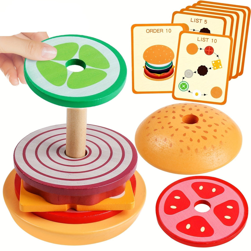 BurgerStacker Montessori Drewniana Układanka – Kreatywna i Edukacyjna Zabawka dla Dzieci od 3 Lat, Rozwija Motorykę Małą i Umiejętności Rozwiązywania Problemów