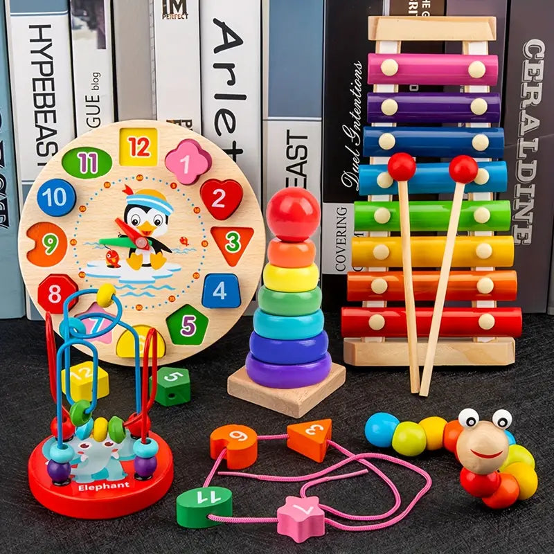 5-w-1 Montessori Drewniany Zestaw Zabawek – Edukacyjna Zabawka dla Niemowląt