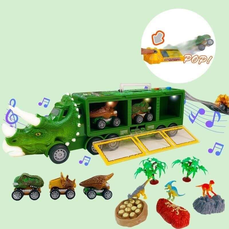 DinoHaul Ciężarówka Transportowa dla Dzieci – Interaktywny Zestaw do Zabawy ze Światłem, Dźwiękiem i Mini Dinozaurami