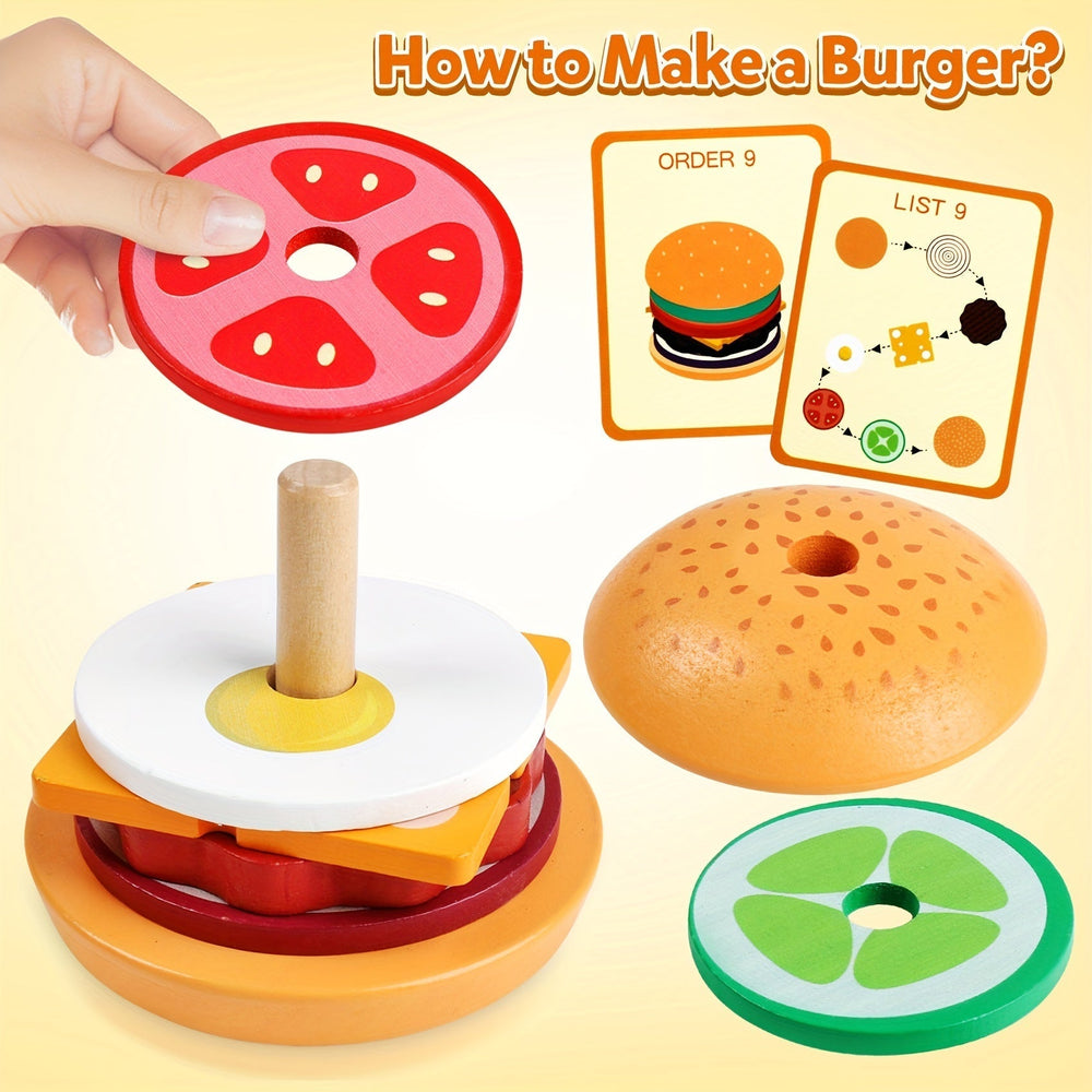 BurgerStacker Montessori Drewniana Układanka – Kreatywna i Edukacyjna Zabawka dla Dzieci od 3 Lat, Rozwija Motorykę Małą i Umiejętności Rozwiązywania Problemów