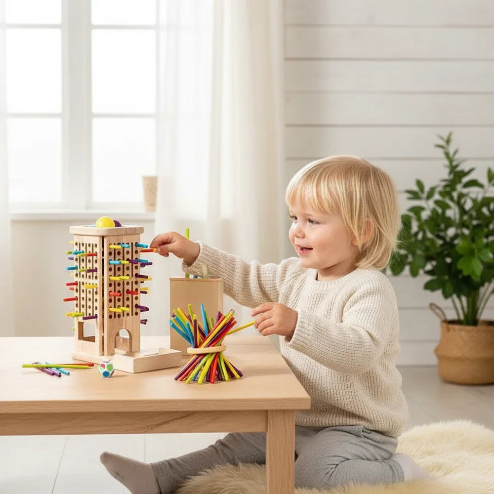 Montessori Drewniana Wieża z Patyczkami – Edukacyjna Gra Zręcznościowa dla Dzieci od 3 Lat