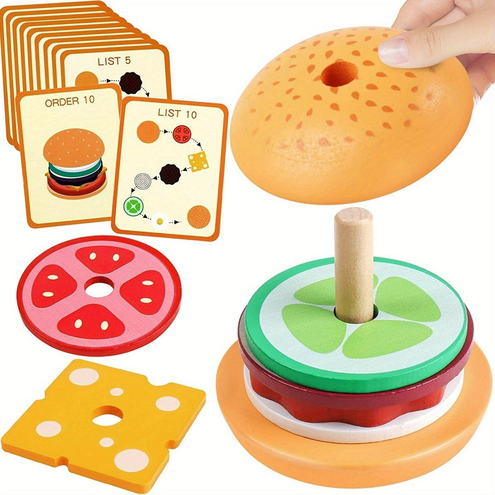 Montessori Wieża do Układania Hamburger – Zabawka Edukacyjna dla Dzieci – Kolory i Kształty