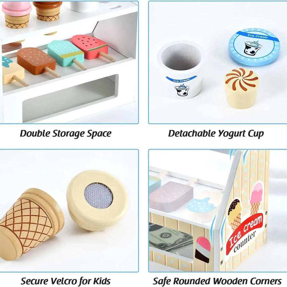 Playvero Count & Scoop Ice Bar – Edukacyjny Drewniany Zestaw do Zabawy w Lodziarni z Pieniędzmi i Zabawą w Role