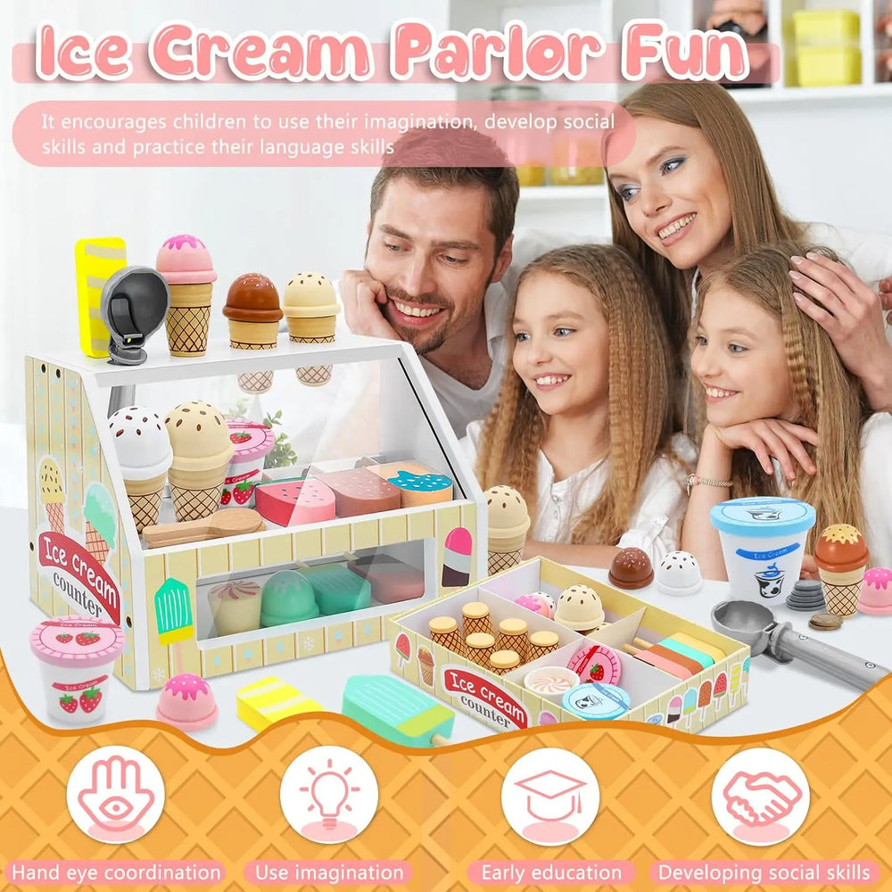 Playvero Count & Scoop Ice Bar – Edukacyjny Drewniany Zestaw do Zabawy w Lodziarni z Pieniędzmi i Zabawą w Role