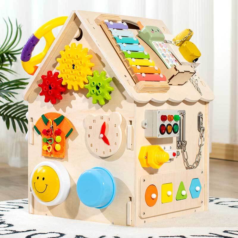 Montessori Domek Aktywności dla Maluchów – Drewniany Edukacyjny Domek Zabaw Rozwijający Motorykę i Logikę