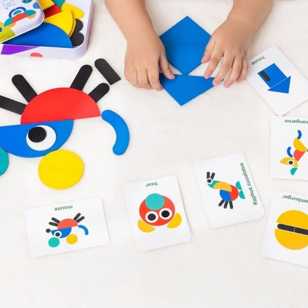 Montessori Drewniane Puzzle – 36 Klocków i 60 Kart do Kreatywnej Nauki